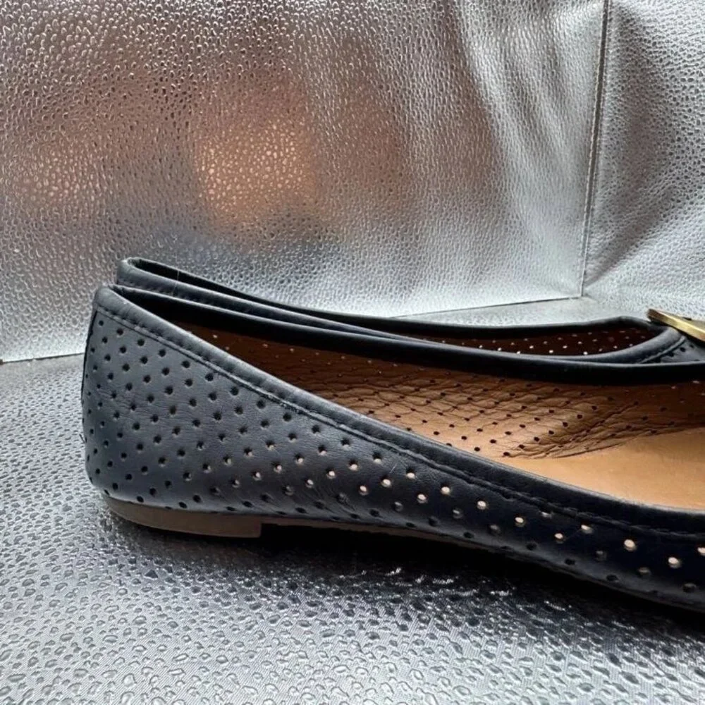 Sz 8 - Tory Burch Reva Perforated Womens Black Goldtone Logo Leather Flats‎